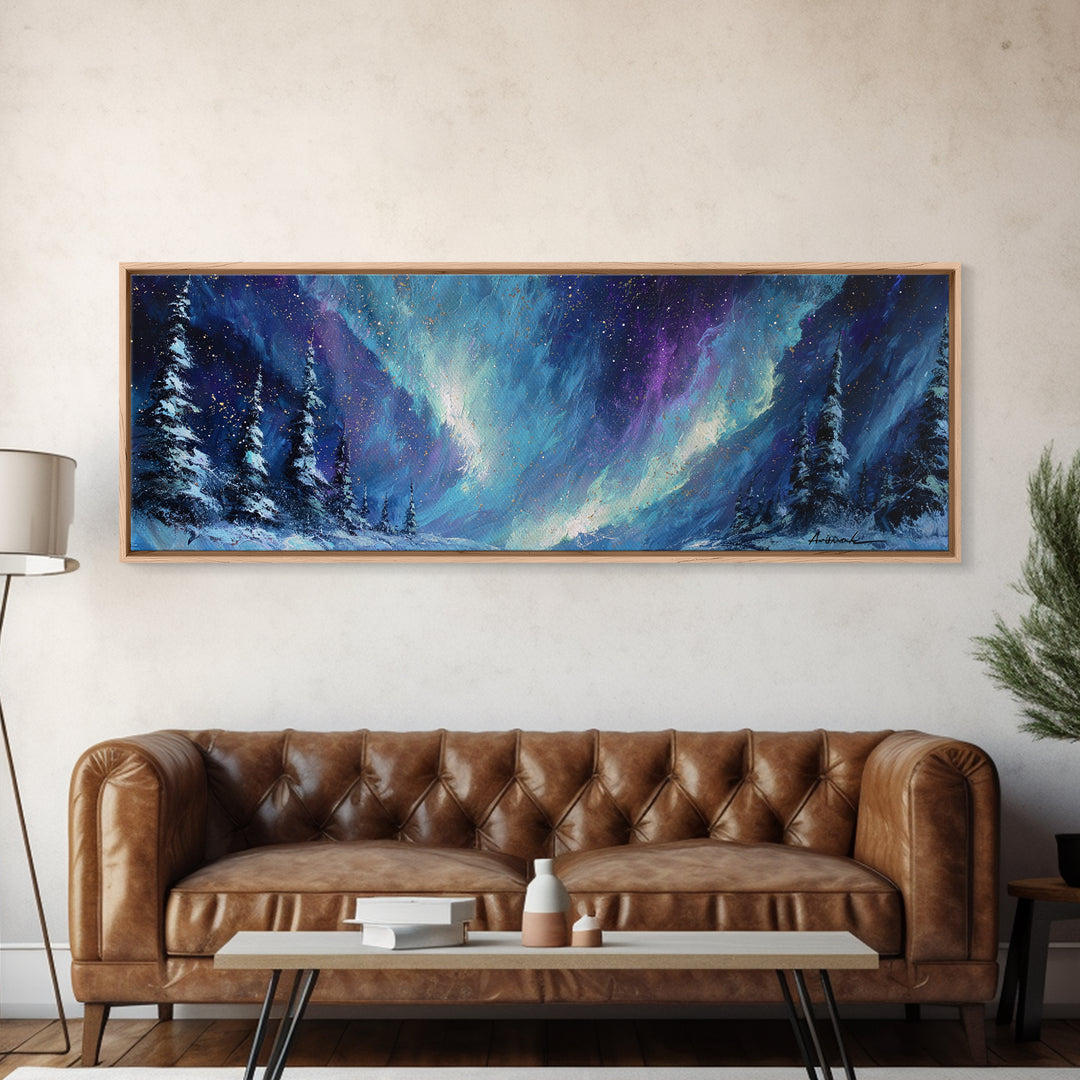 Aurora Borealis over Snowy Pines Framed Canvas Print, Celestial Art, Digital Art, Living Room Decor, Fine Art, Celestial, CEL-3x1-9