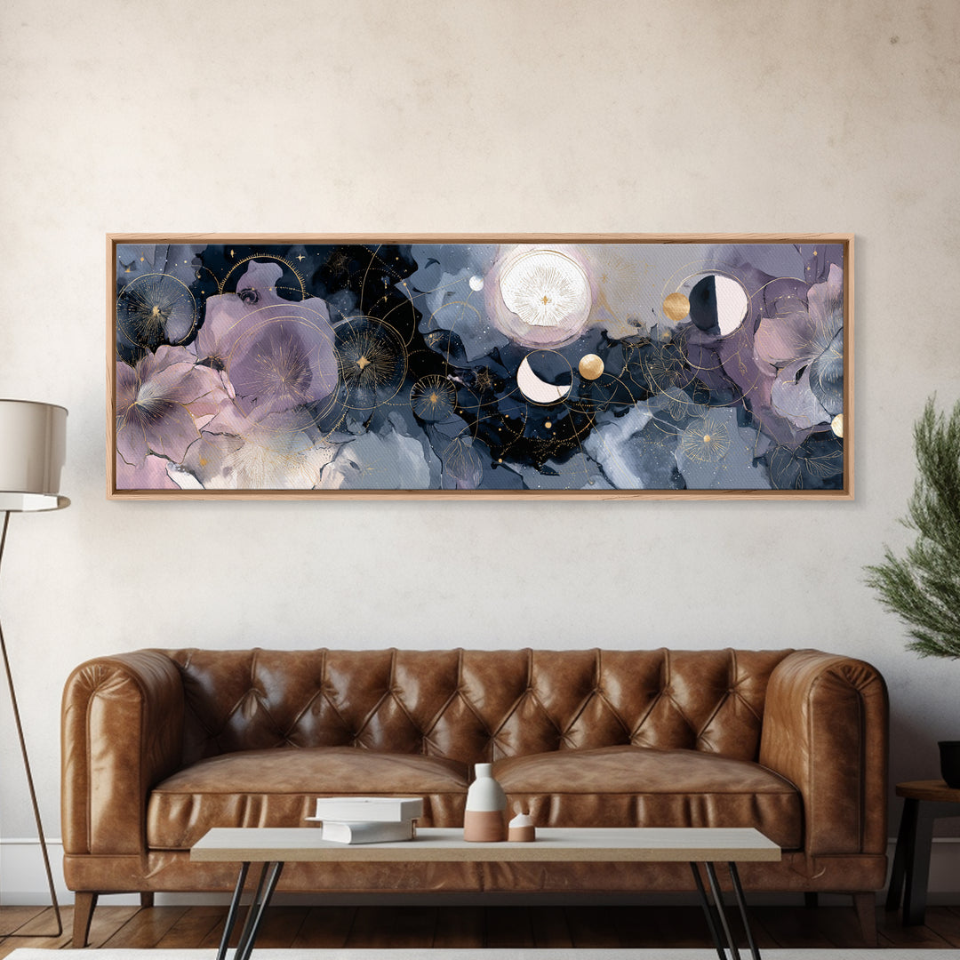Lunar Phase Arc Above Delicate Botanicals Canvas Print, Celestial Art, Digital Art, Living Room Decor, Fine Art, Celestial, CEL-3x1-92