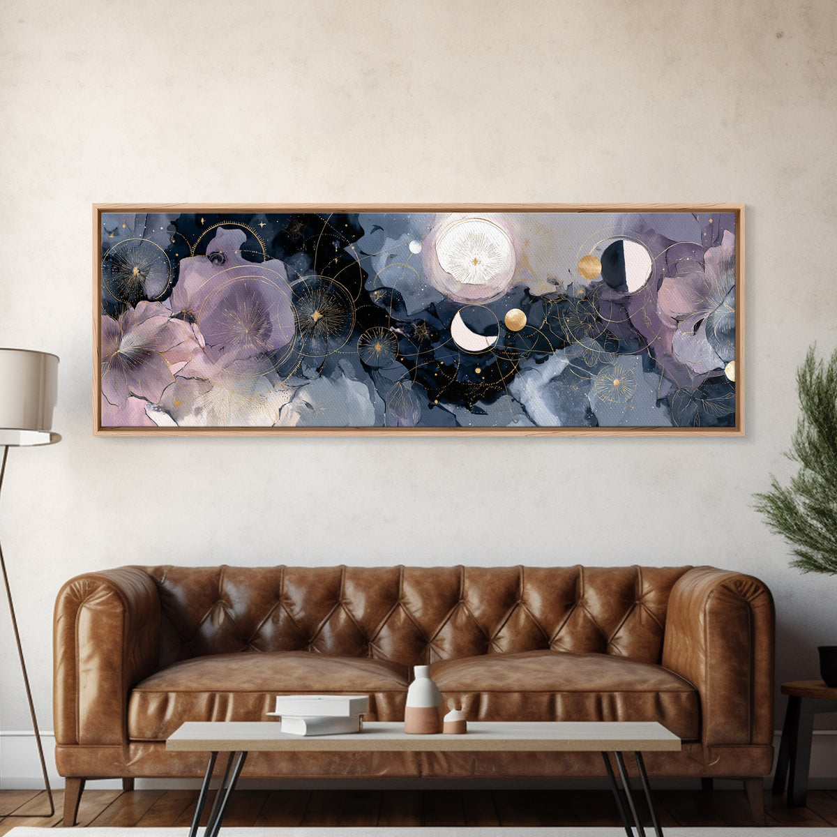 Lunar Phase Arc Above Delicate Botanicals Canvas Print, Celestial Art, Digital Art, Living Room Decor, Fine Art, Celestial, CEL-3x1-92