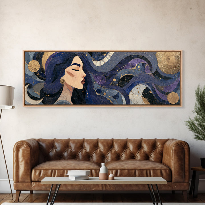 Celestial Goddess with Flowing Midnight Hair Canvas Print, Celestial Art, Gallery Decor, Living Room Decor, Fine Art, Celestial, CEL-3x1-95