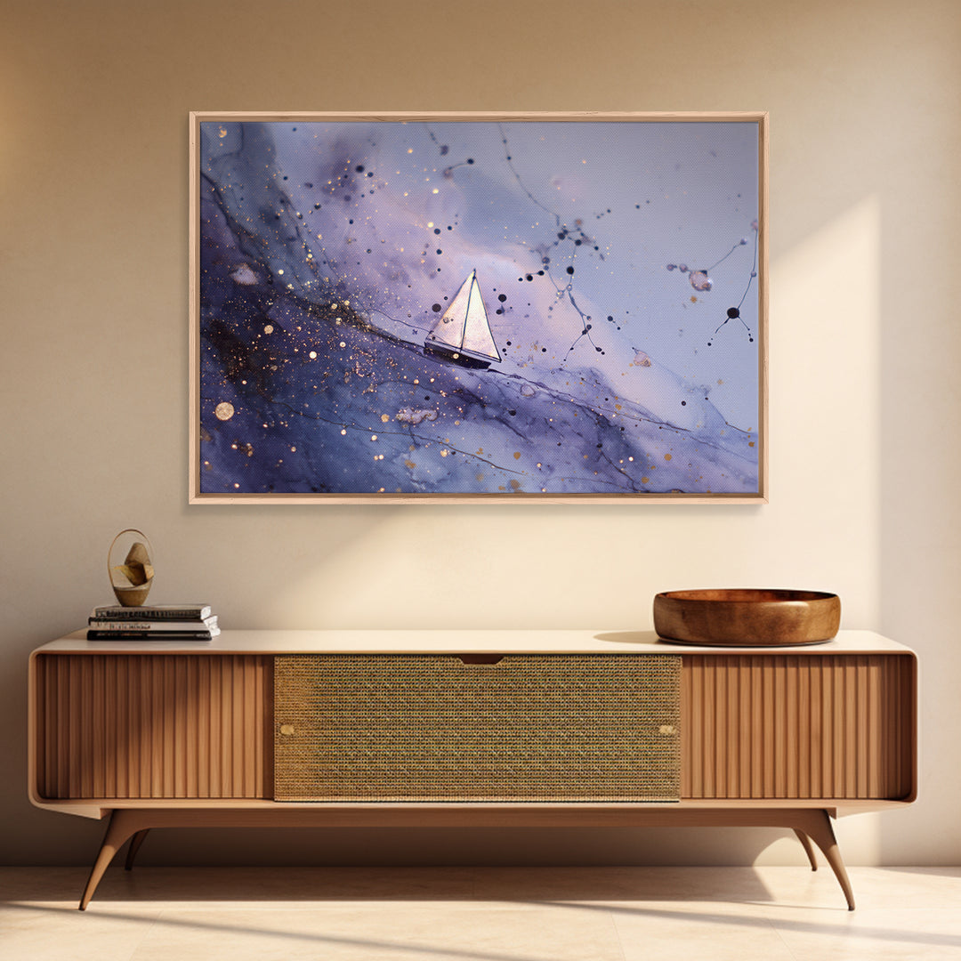 Tiny Sailboat Beneath a Huge Moon Framed Canvas Print, Celestial Art, Digital Print, Living Room Decor, Fine Art, Celestial, CEL-3x2-23