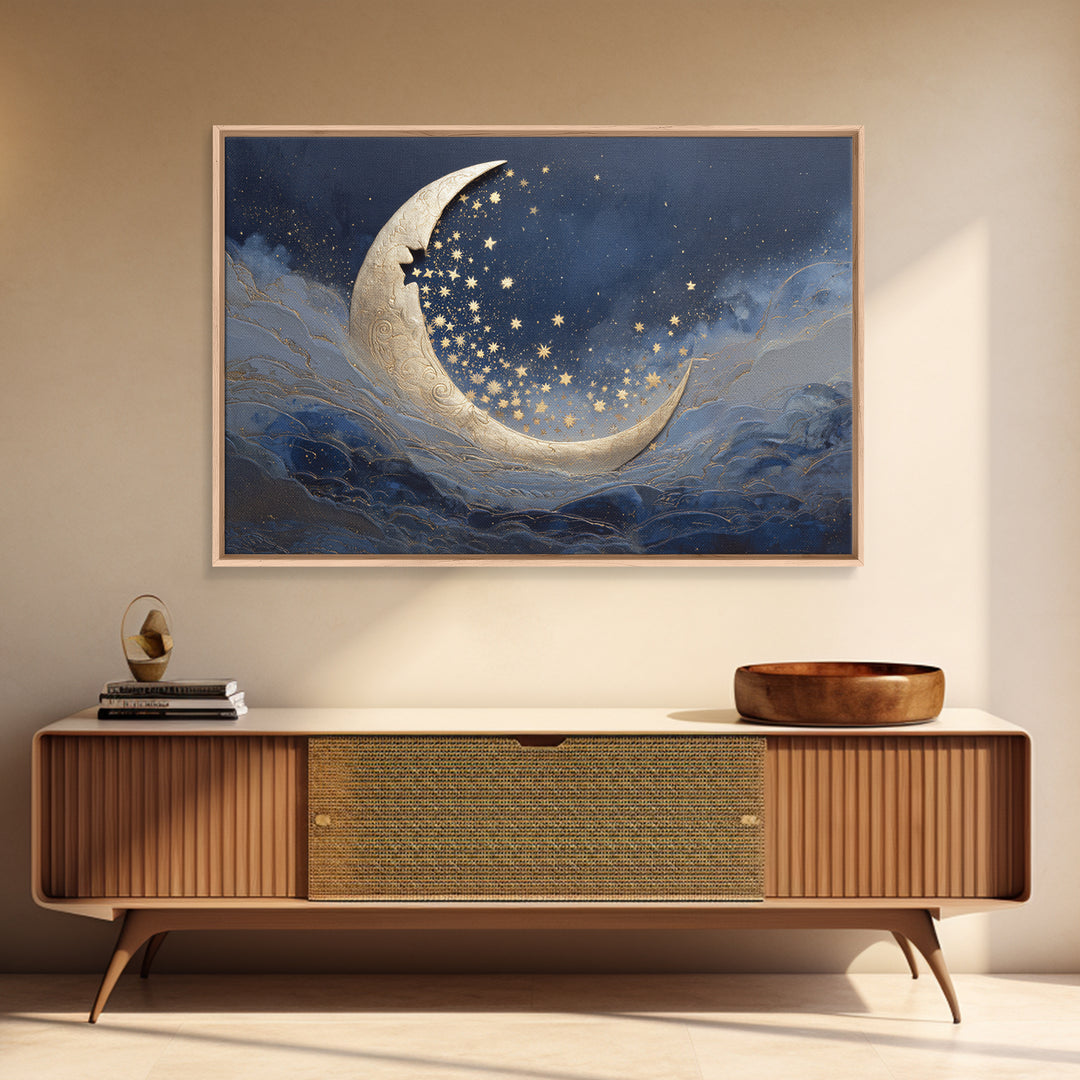 Crescent Moon Cradling a Cluster of Stars Canvas Print, Celestial Art, Modern Art, Living Room Decor, Fine Art, Celestial, CEL-3x2-29