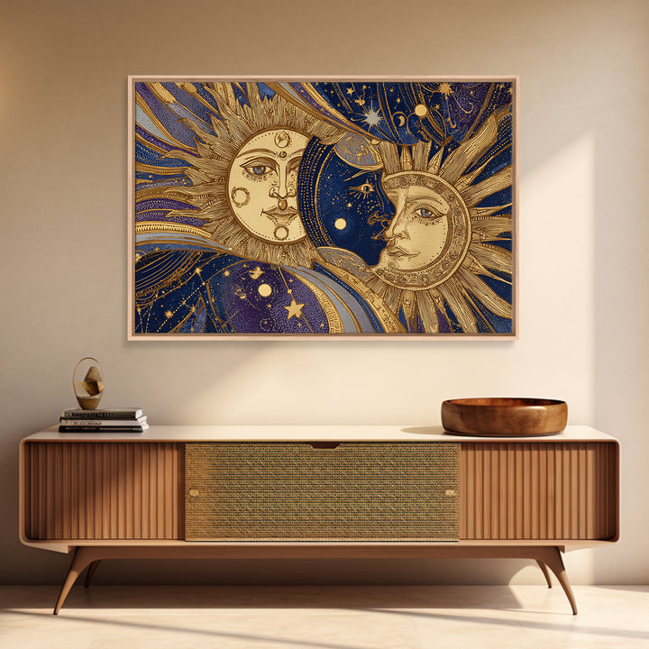 Sun and Moon Faces Canvas Print, Celestial Art, Boho Wall Art, Living Room Decor, Fine Art, Celestial, Boho Home Decor, CEL-3x2-54