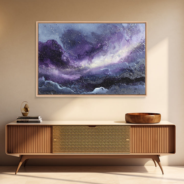 Dreamlike Comet Crossing a Violet Sky Framed Canvas Print, Celestial Art, Colorful Wall Art, Living Room Decor, Abstract Art, CEL-3x2-64