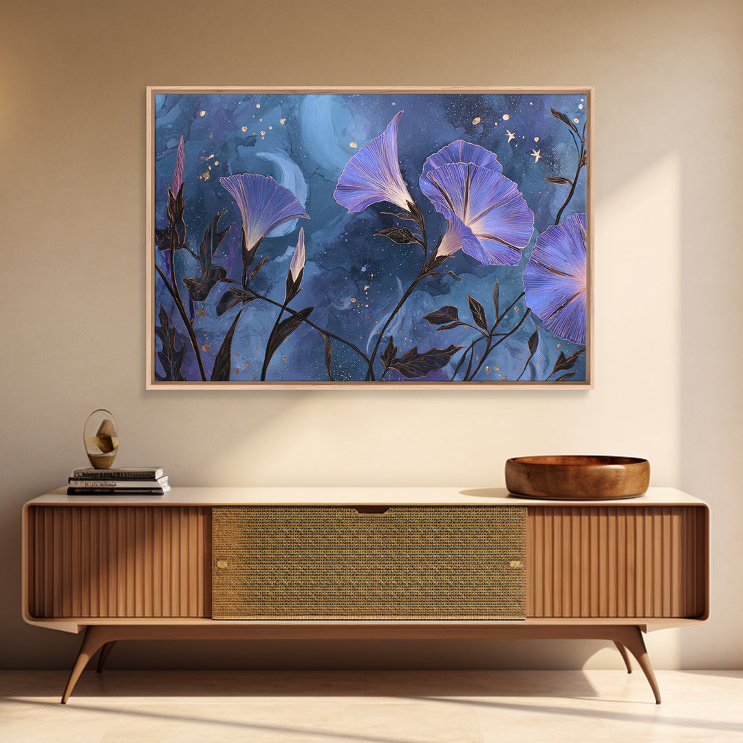 Moon Garden with Night Blooming Flowers Canvas Print, Celestial Art, Mushroom Decor, Living Room Decor, Oil Painting, Celestial, CEL-3x2-73