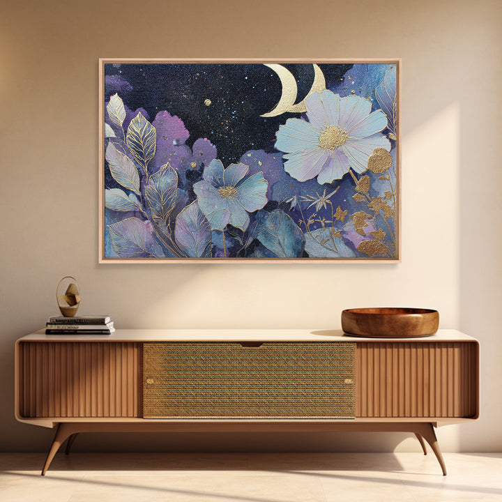Lunar Phase Arc Above Delicate Botanicals Framed Canvas Print, Celestial Art, Art Prints, Living Room Decor, Celestial, CEL-3x2-8