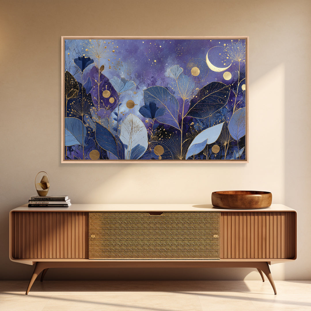 Lunar Phase Arc Above Delicate Botanicals Framed Canvas Print, Celestial Art, Art Nouveau Decor, Living Room Decor, Celestial, CEL-3x2-80