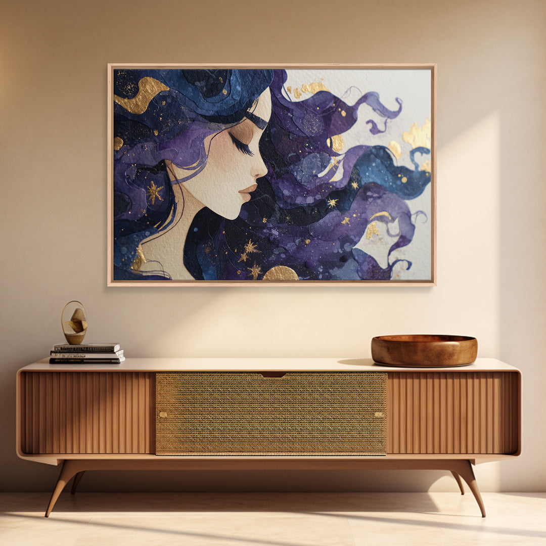 Celestial Goddess with Flowing Midnight Hair Canvas Print, Celestial Art, Neutral Decor, Living Room Decor, Fine Art, Celestial, CEL-3x2-83