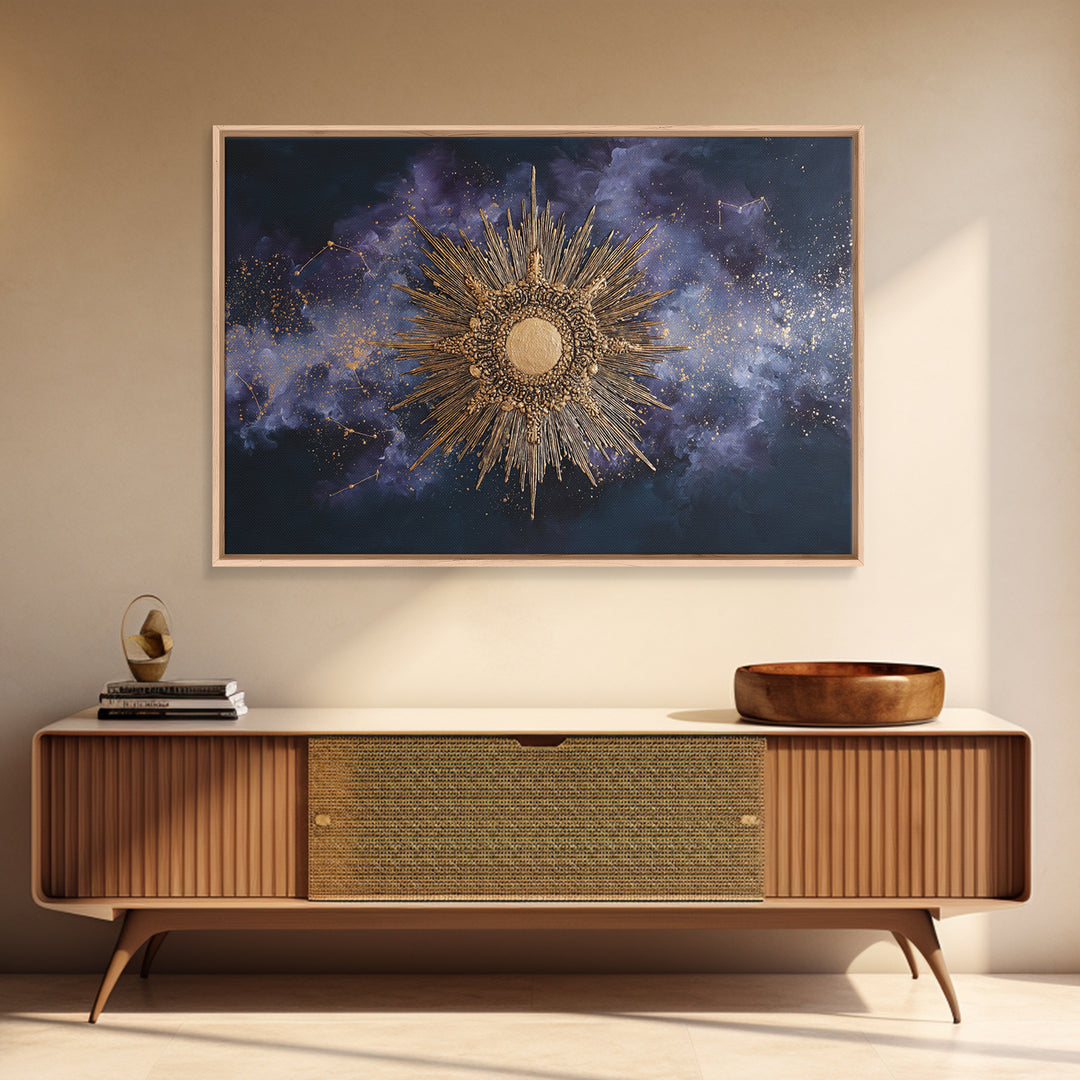 Sunburst Medallion with Ornate Rays Canvas Print, Celestial Art, Whimsical Art, Living Room Decor, Oil Painting, Celestial, CEL-3x2-89