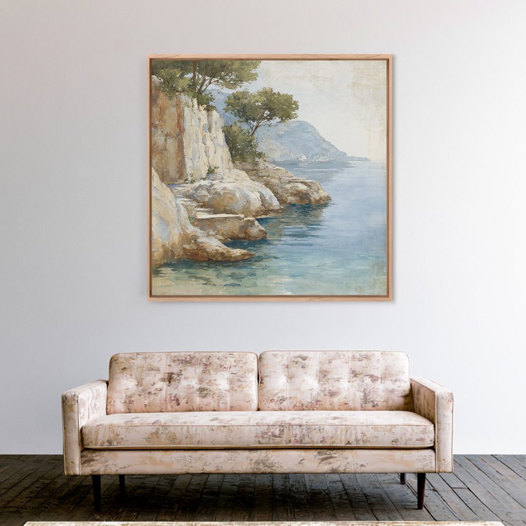 Mediterranean Cove with Cliff Shadows Framed Canvas Print, Coastal Art, Gallery Decor, Coastal Decor, Fine Art, Coastal, COA-1x1-41