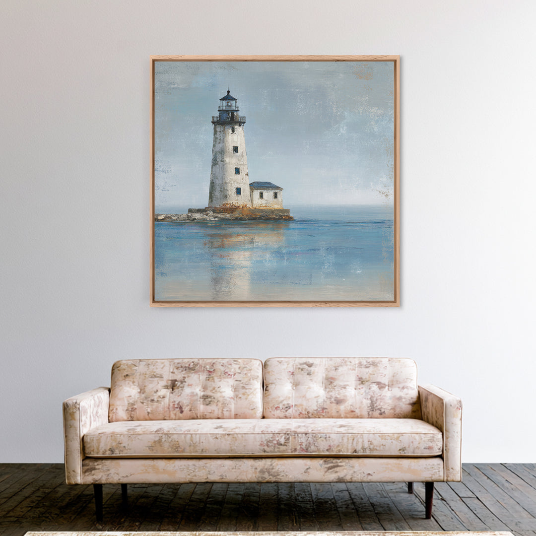 Whitewashed Lighthouse Against Cloudy Sky Canvas Print, Coastal Art, Living Room Art, Coastal Decor, Oil Painting, Coastal, COA-1x1-54