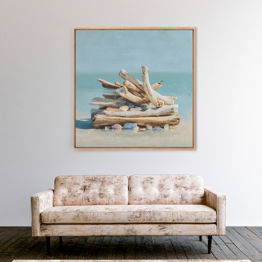 Driftwood and Sea Glass Still Life Canvas Print, Coastal Art, Ocean Wall Art, Coastal Decor, Watercolor Art, Coastal, COA-1x1-55