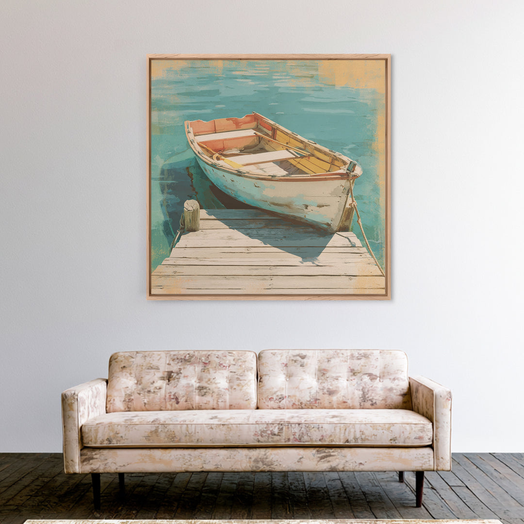 Small Rowboat Tied to a Wooden Dock Framed Canvas Print, Coastal Art, Gallery Decor, Coastal Decor, Fine Art, Coastal, COA-1x1-67