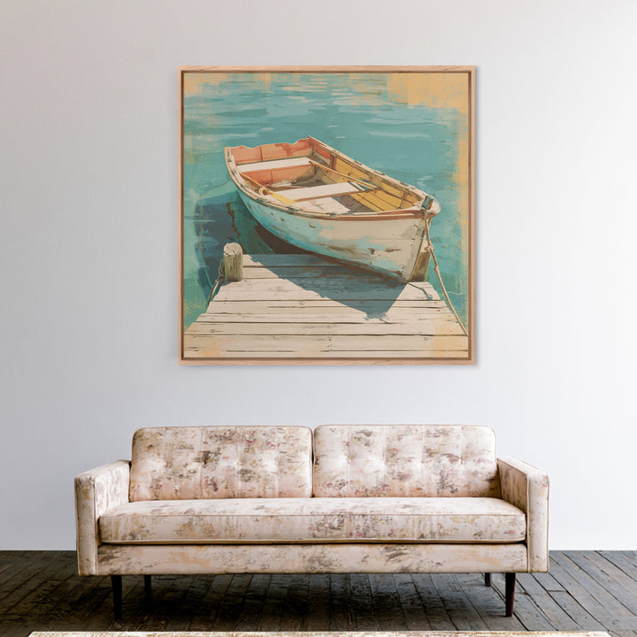 Small Rowboat Tied to a Wooden Dock Framed Canvas Print, Coastal Art, Gallery Decor, Coastal Decor, Fine Art, Coastal, COA-1x1-67