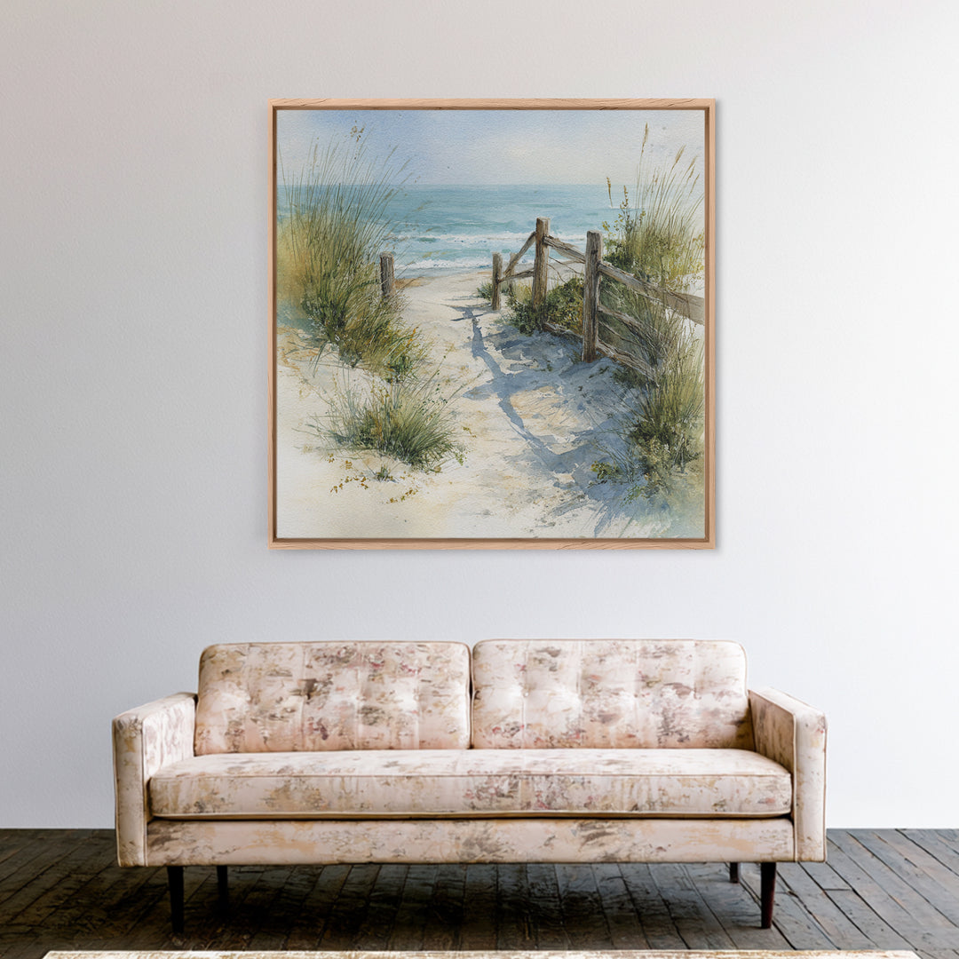 Soft Watercolor Dune Fence Scene Framed Canvas Print, Coastal Art, Textured Painting, Coastal Decor, Fine Art, Coastal, COA-1x1-88