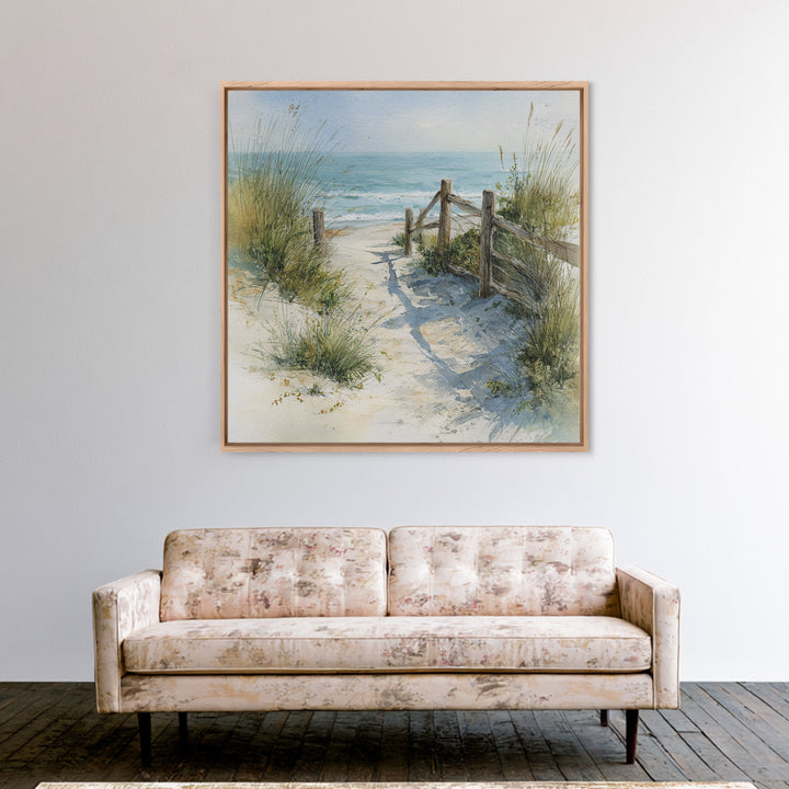 Soft Watercolor Dune Fence Scene Framed Canvas Print, Coastal Art, Textured Painting, Coastal Decor, Fine Art, Coastal, COA-1x1-88