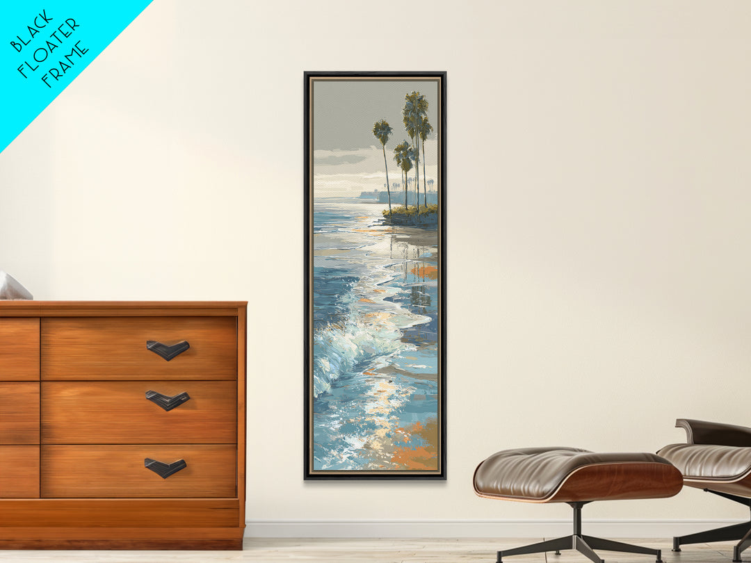 Moonlit Ocean with Silver Surf Framed Canvas Print, Coastal Art, Living Room Art, Coastal Decor, Watercolor Art, Coastal, COA-1x3-58