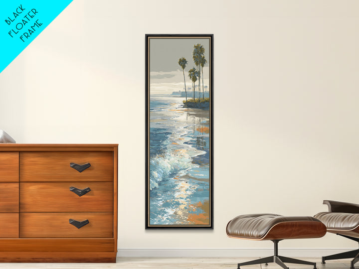 Moonlit Ocean with Silver Surf Framed Canvas Print, Coastal Art, Living Room Art, Coastal Decor, Watercolor Art, Coastal, COA-1x3-58