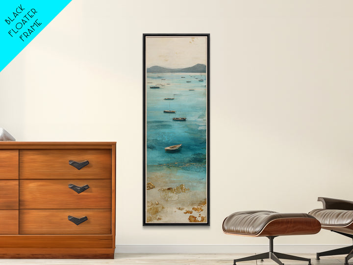 Foggy Harbor with Distant Boats Framed Canvas Print, Coastal Art, Beach Decor, Coastal Decor, Abstract Art, Coastal, COA-1x3-96
