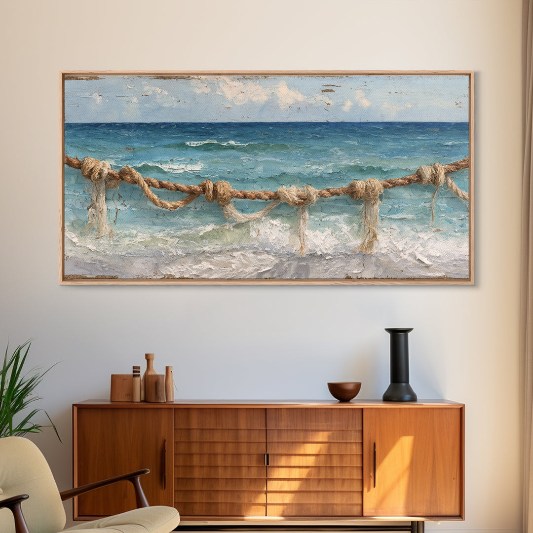 Weathered Nautical Rope and Brass Compass Framed Canvas Print, Coastal Art, Coastal Decor, Oil Painting, Coastal, COA-2x1-35