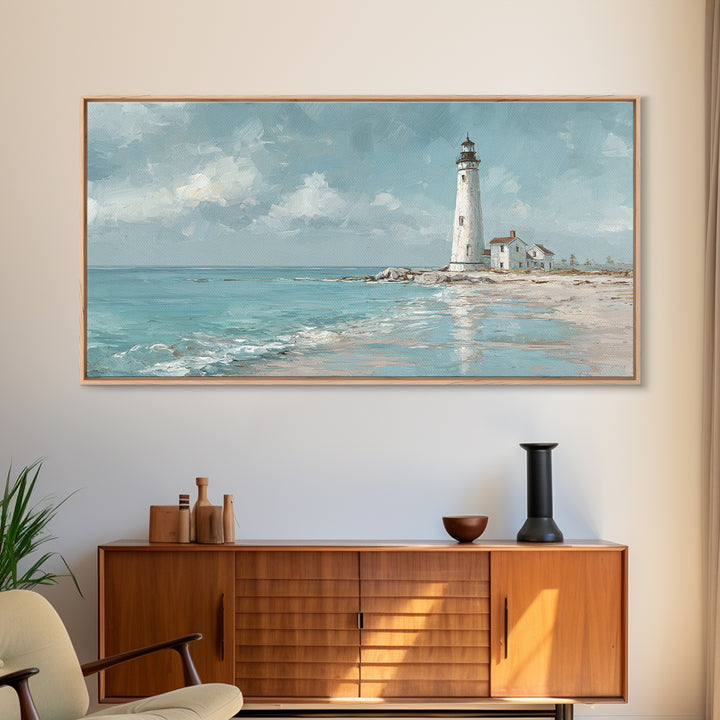 Whitewashed Lighthouse Against Cloudy Sky Framed Canvas Print, Coastal Art, Minimalist Decor, Coastal Decor, Fine Art, Coastal, COA-2x1-50