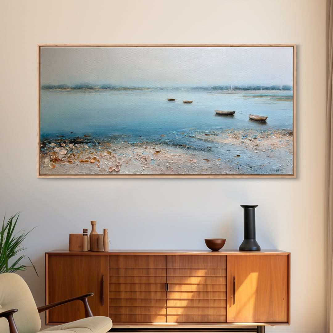 Foggy Harbor with Distant Boats Framed Canvas Print, Coastal Art, Original Painting, Coastal Decor, Fine Art, Coastal, COA-2x1-56