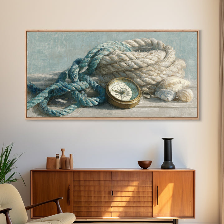 Weathered Nautical Rope and Brass Compass Framed Canvas Print, Coastal Art, Landscape Painting, Coastal Decor, Watercolor Art, COA-2x1-59