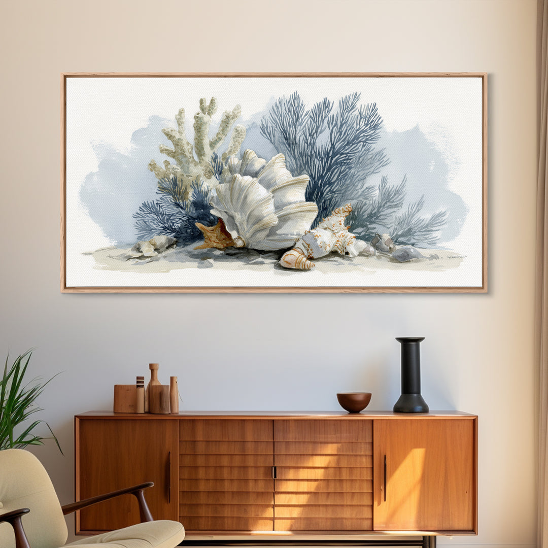 Shell and Coral Specimen Arrangement Framed Canvas Print, Coastal Art, Wall Decor, Coastal Decor, Coastal, Nautical Decor, COA-2x1-7