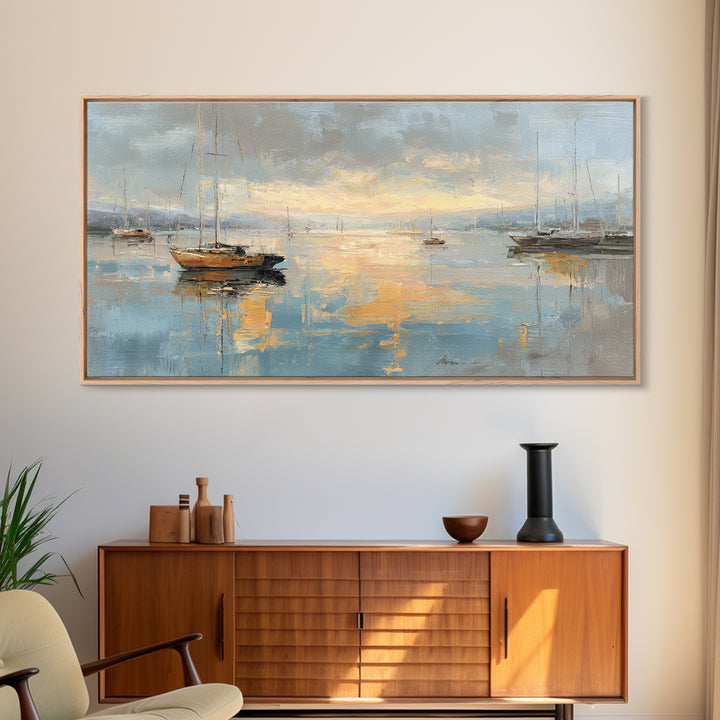Foggy Harbor with Distant Boats Framed Canvas Print, Coastal Art, Coastal Decor, Fine Art, Coastal, Oyster Art, Gallery Decor, COA-2x1-80