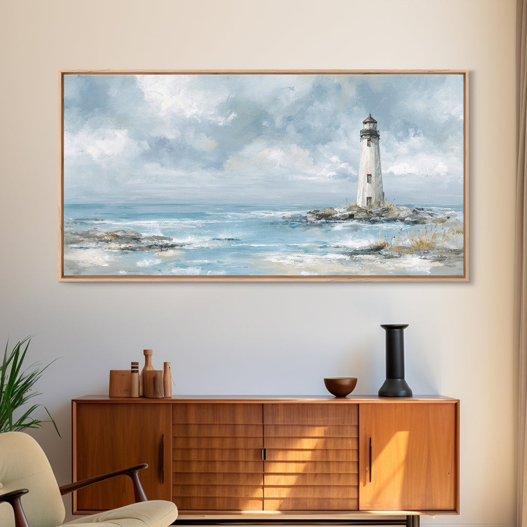 Whitewashed Lighthouse Against Cloudy Sky Canvas Print, Coastal Art, Printable Wall Art, Coastal Decor, Watercolor Art, Coastal, COA-2x1-98