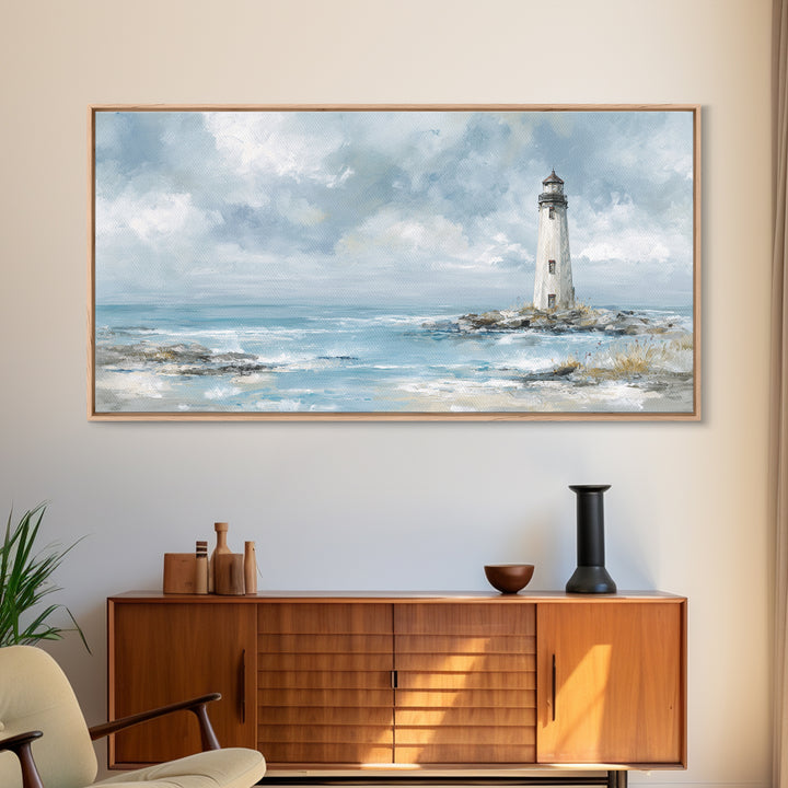 Whitewashed Lighthouse Against Cloudy Sky Canvas Print, Coastal Art, Printable Wall Art, Coastal Decor, Watercolor Art, Coastal, COA-2x1-98