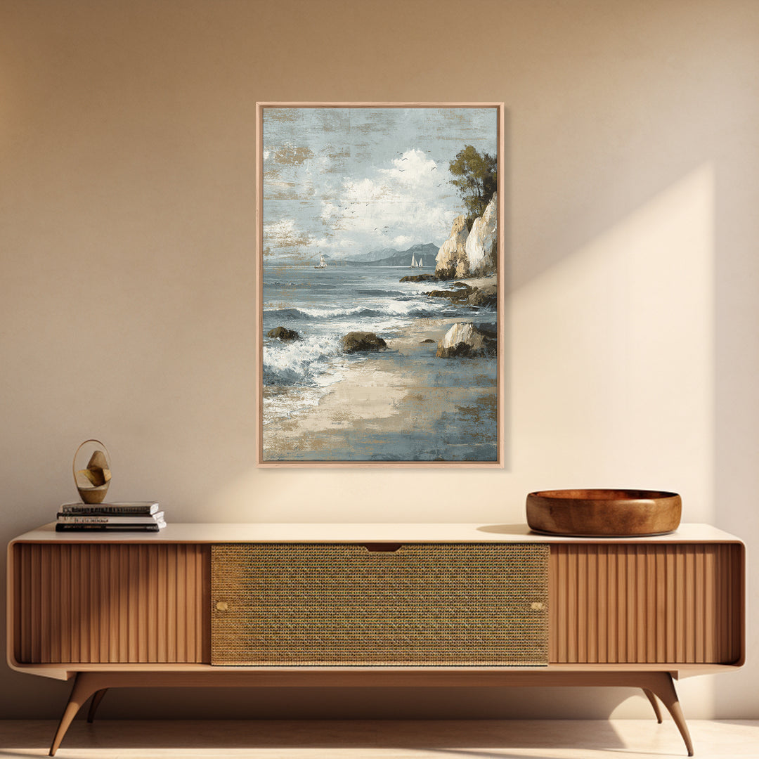 Mediterranean Cove with Cliff Shadows Framed Canvas Print, Coastal Art, Wall Art, Coastal Decor, Fine Art, Coastal, Bird Art, COA-2x3-1