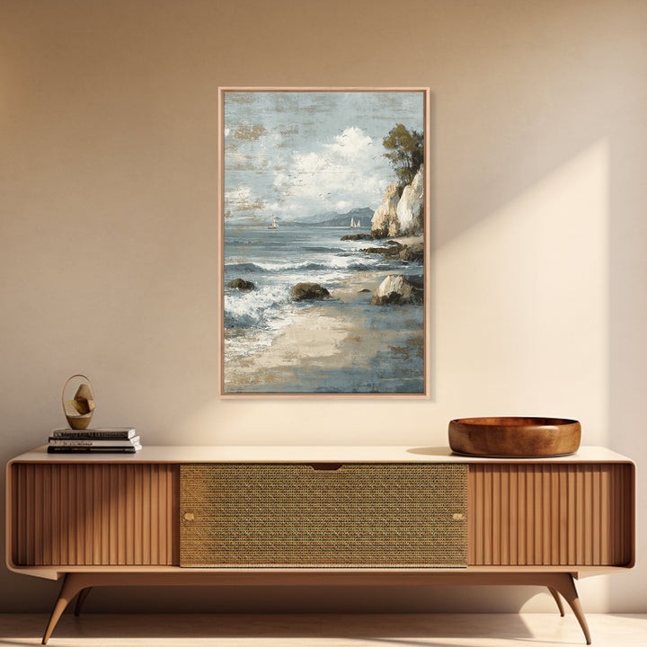 Mediterranean Cove with Cliff Shadows Framed Canvas Print, Coastal Art, Wall Art, Coastal Decor, Fine Art, Coastal, Bird Art, COA-2x3-1