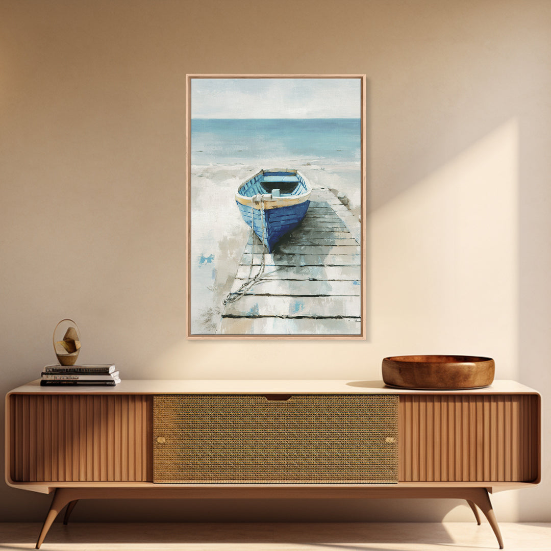 Small Rowboat Tied to a Wooden Dock Framed Canvas Print, Coastal Art, Room Decor, Coastal Decor, Oil Painting, Coastal, COA-2x3-51