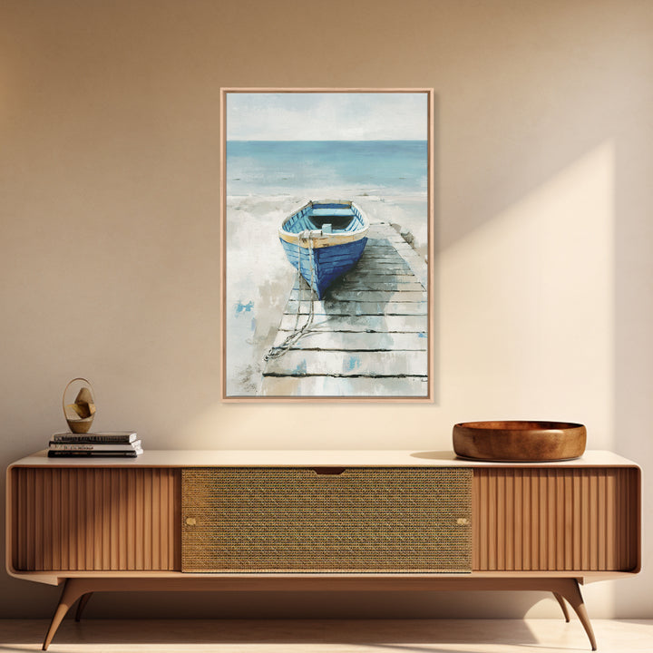 Small Rowboat Tied to a Wooden Dock Framed Canvas Print, Coastal Art, Room Decor, Coastal Decor, Oil Painting, Coastal, COA-2x3-51