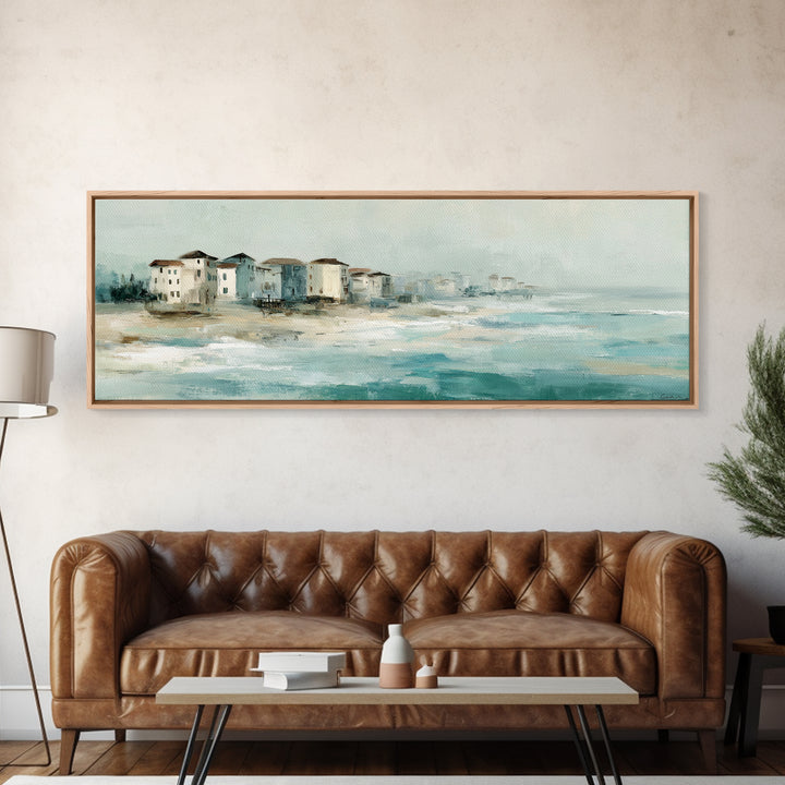 Coastal Village Rooftops Seen from the Sea Canvas Print, Coastal Art, Beach Wall Art, Coastal Decor, Abstract Art, Coastal, COA-3x1-25