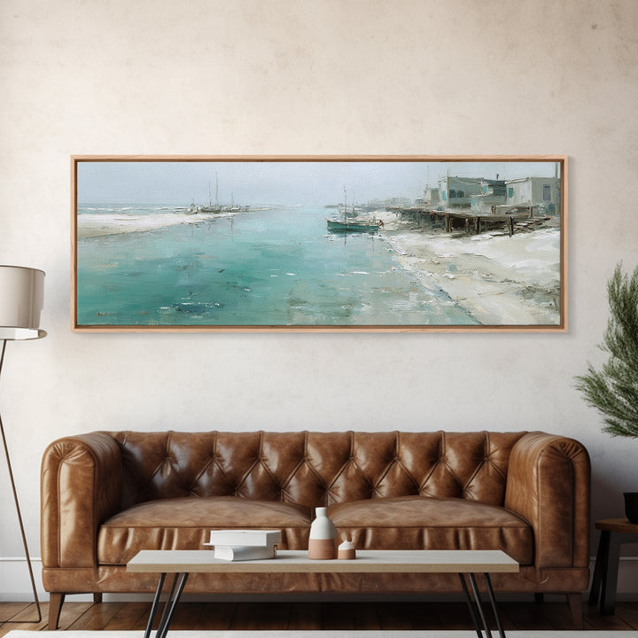 Foggy Harbor with Distant Boats Framed Canvas Print, Coastal Art, Ocean Wall Art, Coastal Decor, Oil Painting, Coastal, COA-3x1-28