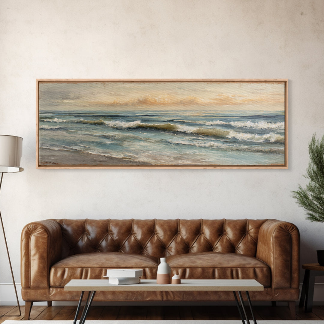 Sunset over Marshland with Warm Gold Framed Canvas Print, Coastal Art, Landscape Painting, Coastal Decor, Fine Art, Coastal, COA-3x1-53