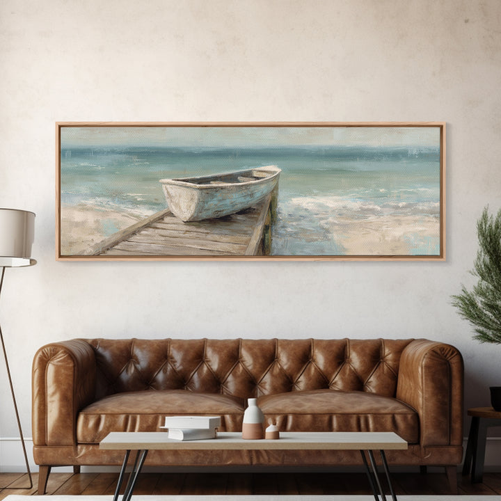 Small Rowboat Tied to a Wooden Dock Framed Canvas Print, Coastal Art, Wall Art, Coastal Decor, Fine Art, Coastal, Bird Art, COA-3x1-59