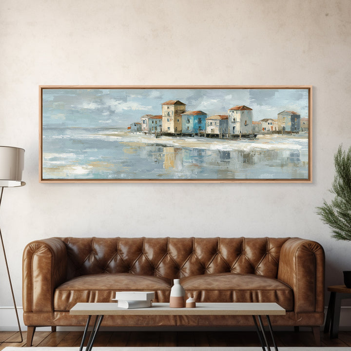 Coastal Village Rooftops Seen from the Sea Framed Canvas Print, Coastal Art, Living Room Art, Coastal Decor, Fine Art, Coastal, COA-3x1-73