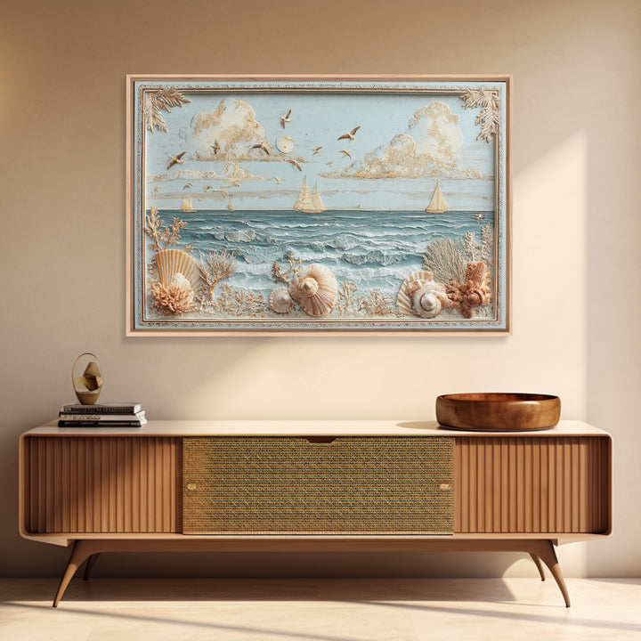 Shell and Coral Specimen Arrangement Framed Canvas Print, Coastal Art, Whimsical Decor, Coastal Decor, Fine Art, Coastal, COA-3x2-15