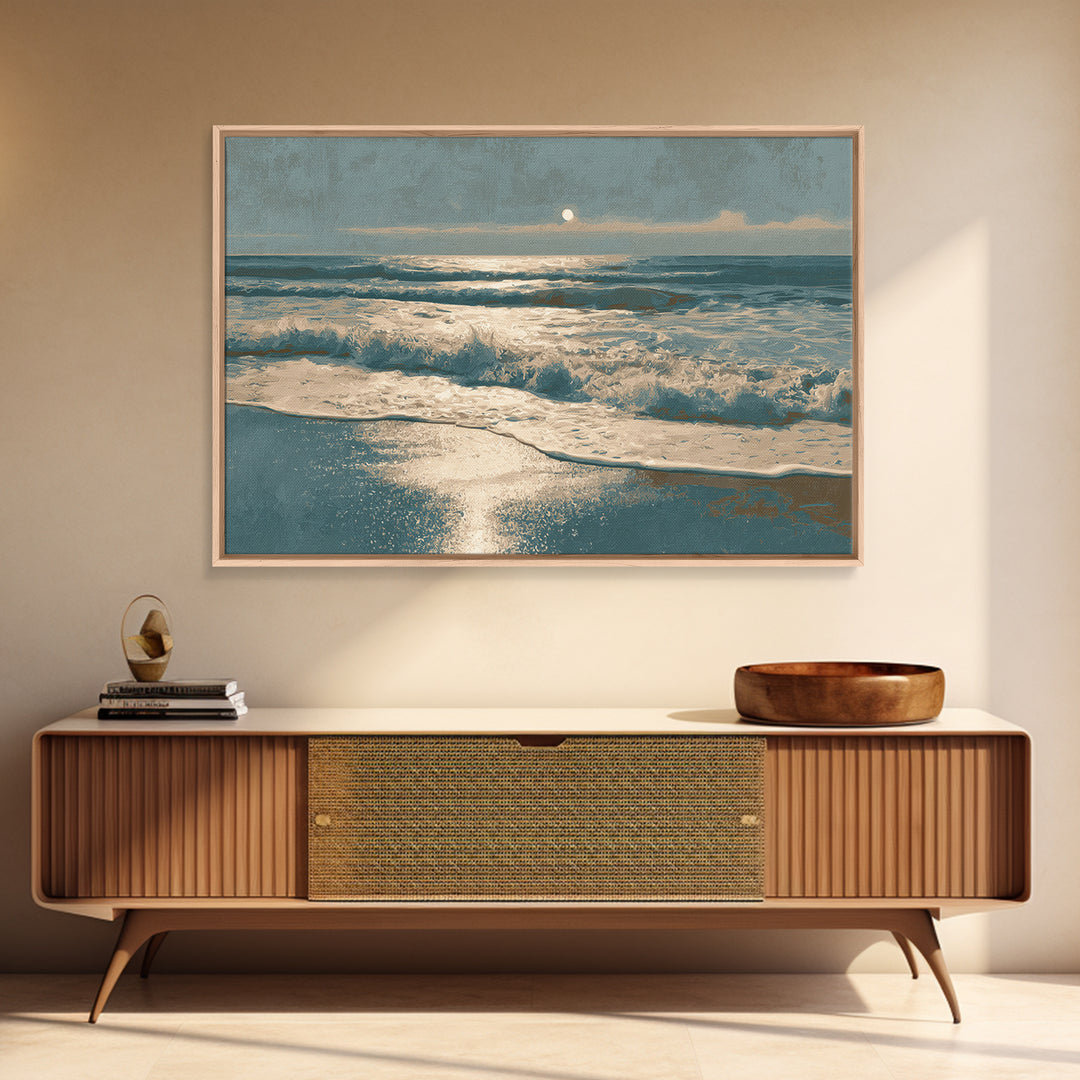 Moonlit Ocean with Silver Surf Framed Canvas Print, Coastal Art, Printable Wall Art, Coastal Decor, Fine Art, Coastal, COA-3x2-2