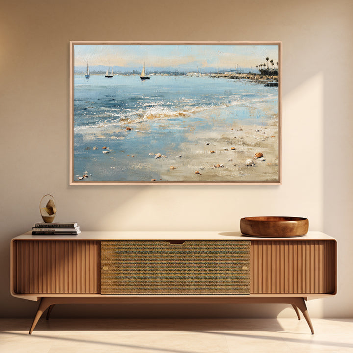 Foggy Harbor with Distant Boats Framed Canvas Print, Coastal Art, Beach Wall Art, Coastal Decor, Oil Painting, Coastal, COA-3x2-40