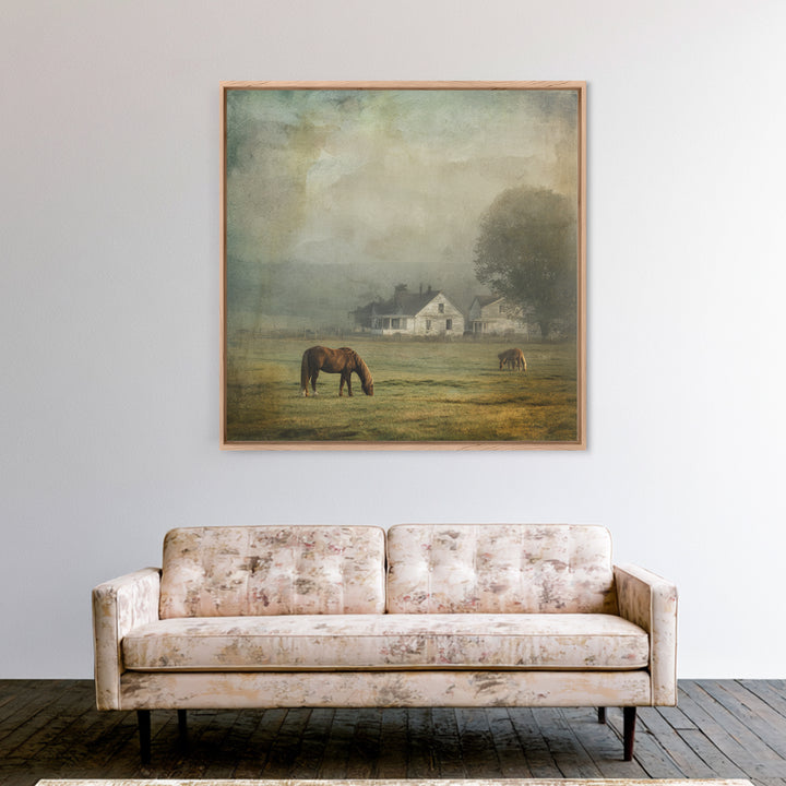 Rolling Pasture with Grazing Horses at Sunrise Framed Canvas Print, Country Art, Farmhouse Wall Art, Farmhouse Decor, Country, COU-1x1-1