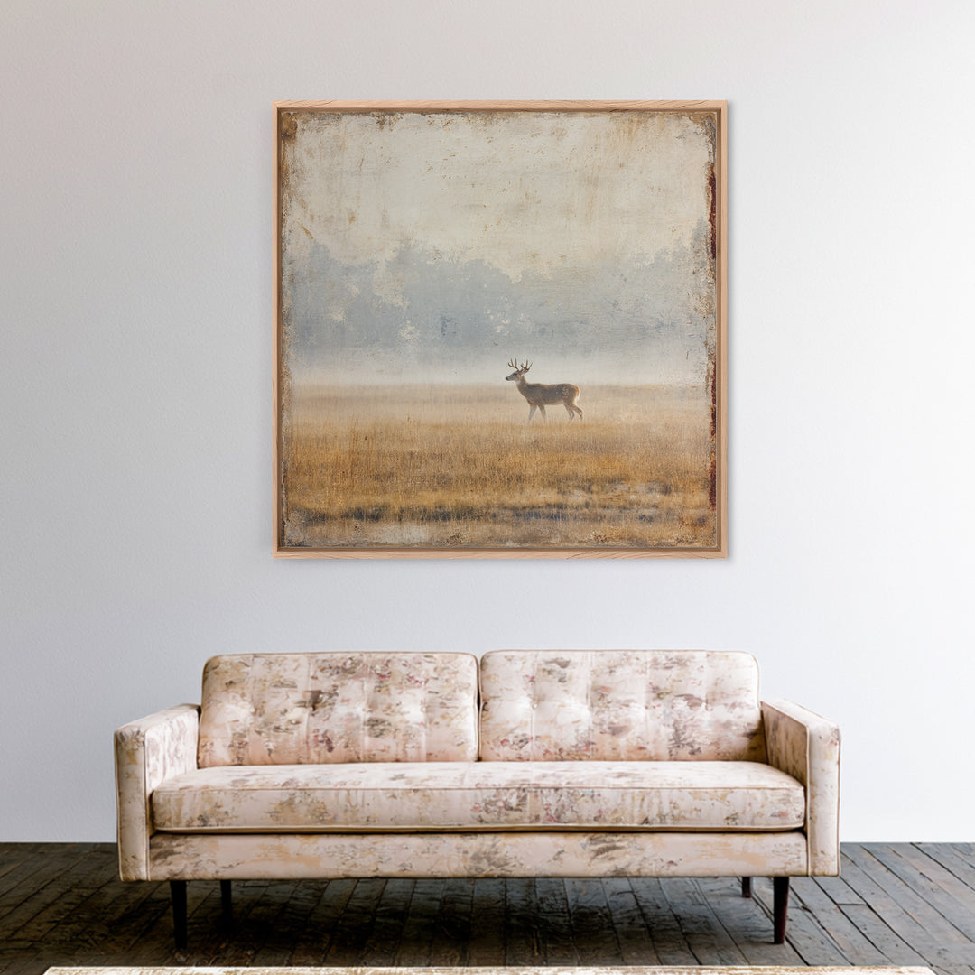 Deer Crossing a Misty Morning Field Framed Canvas Print, Country Art, Large Wall Art, Farmhouse Decor, Fine Art, Country, COU-1x1-11