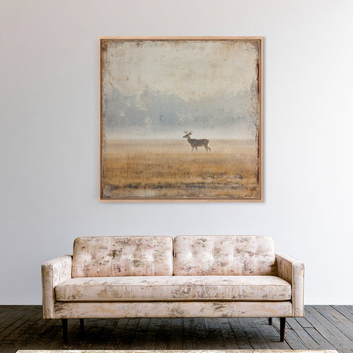Deer Crossing a Misty Morning Field Framed Canvas Print, Country Art, Large Wall Art, Farmhouse Decor, Fine Art, Country, COU-1x1-11