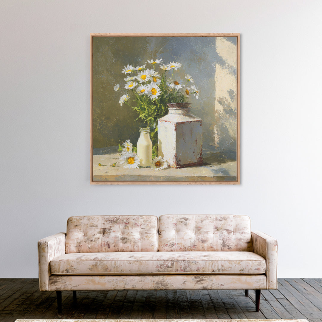 Milk Can and Daisies Rustic Still Life Canvas Print, Country Art, Eclectic Wall Art, Farmhouse Decor, Watercolor Art, Country, COU-1x1-13