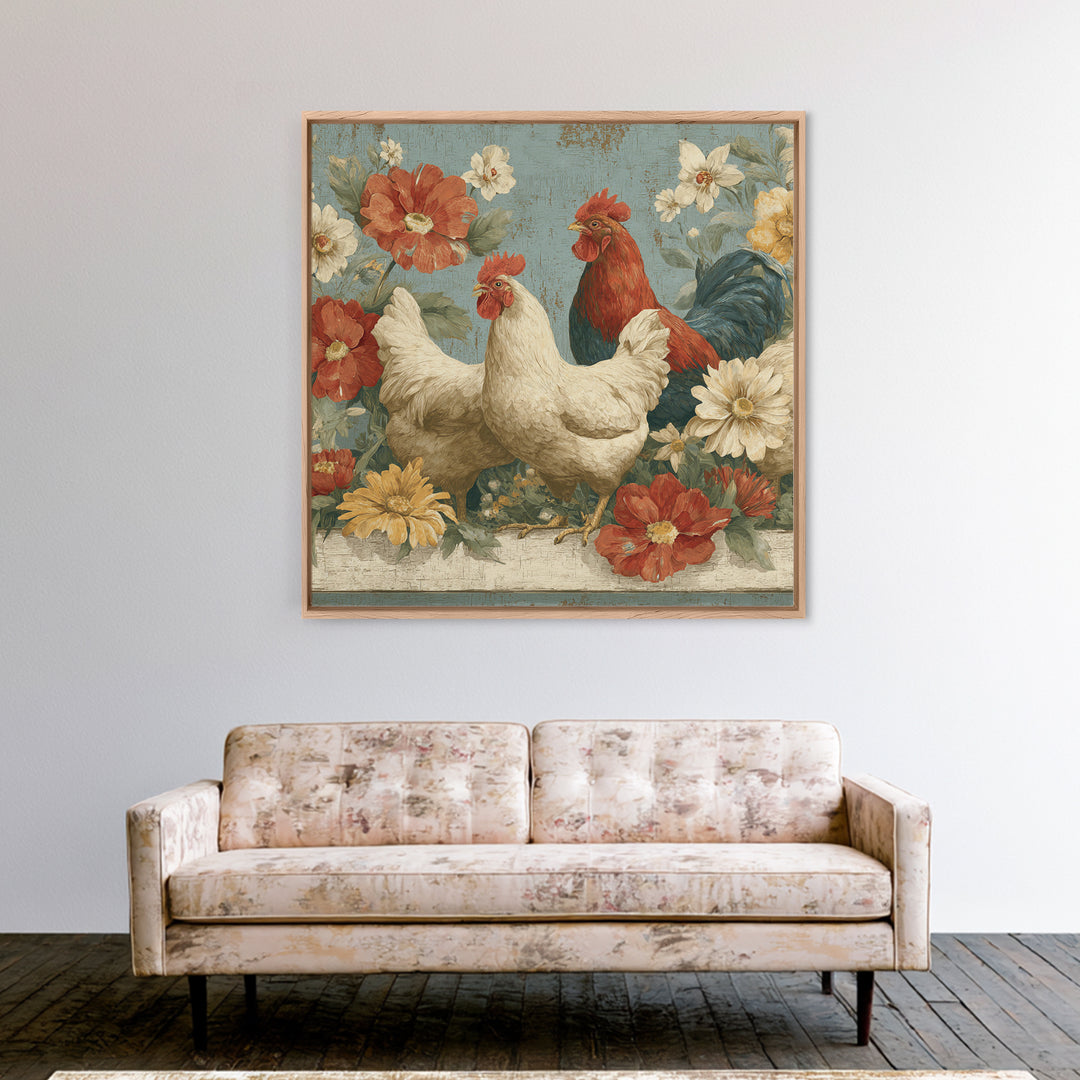 Chickens Pecking Near Garden Flowers Canvas Print, Country Art, Digital Art Prints, Farmhouse Decor, Fine Art, Country, COU-1x1-14