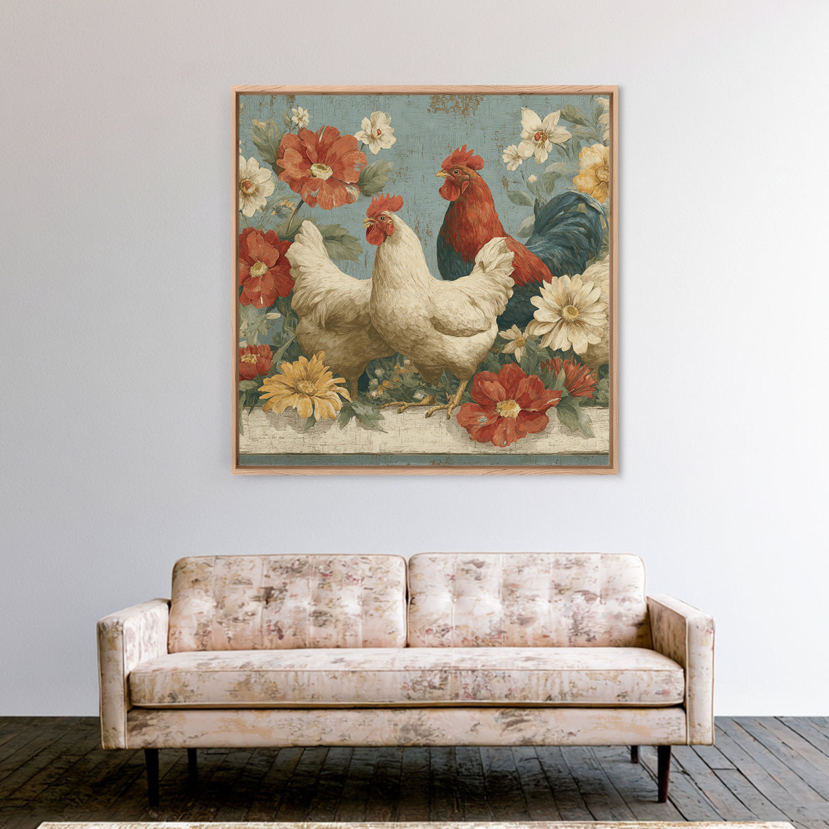Chickens Pecking Near Garden Flowers Canvas Print, Country Art, Digital Art Prints, Farmhouse Decor, Fine Art, Country, COU-1x1-14