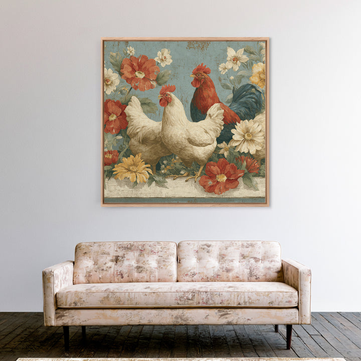 Chickens Pecking Near Garden Flowers Canvas Print, Country Art, Digital Art Prints, Farmhouse Decor, Fine Art, Country, COU-1x1-14